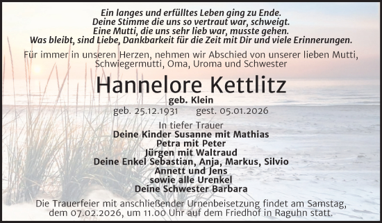 Traueranzeige von Hannelore Kettlitz von Trauerkombi Bitterfeld