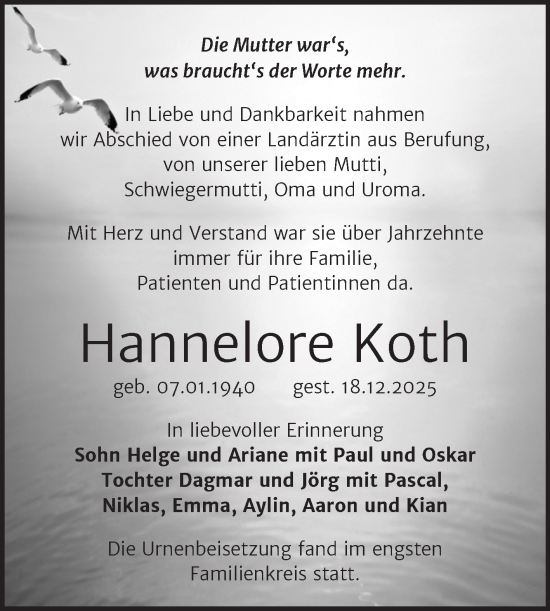 Traueranzeige von Hannelore Koth von Trauerkombi Bernburg
