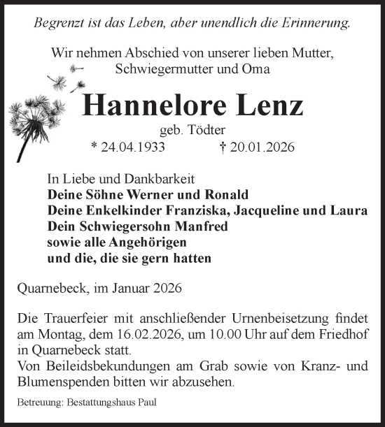 Traueranzeige von Hannelore Lenz von Volksstimme Altmark West