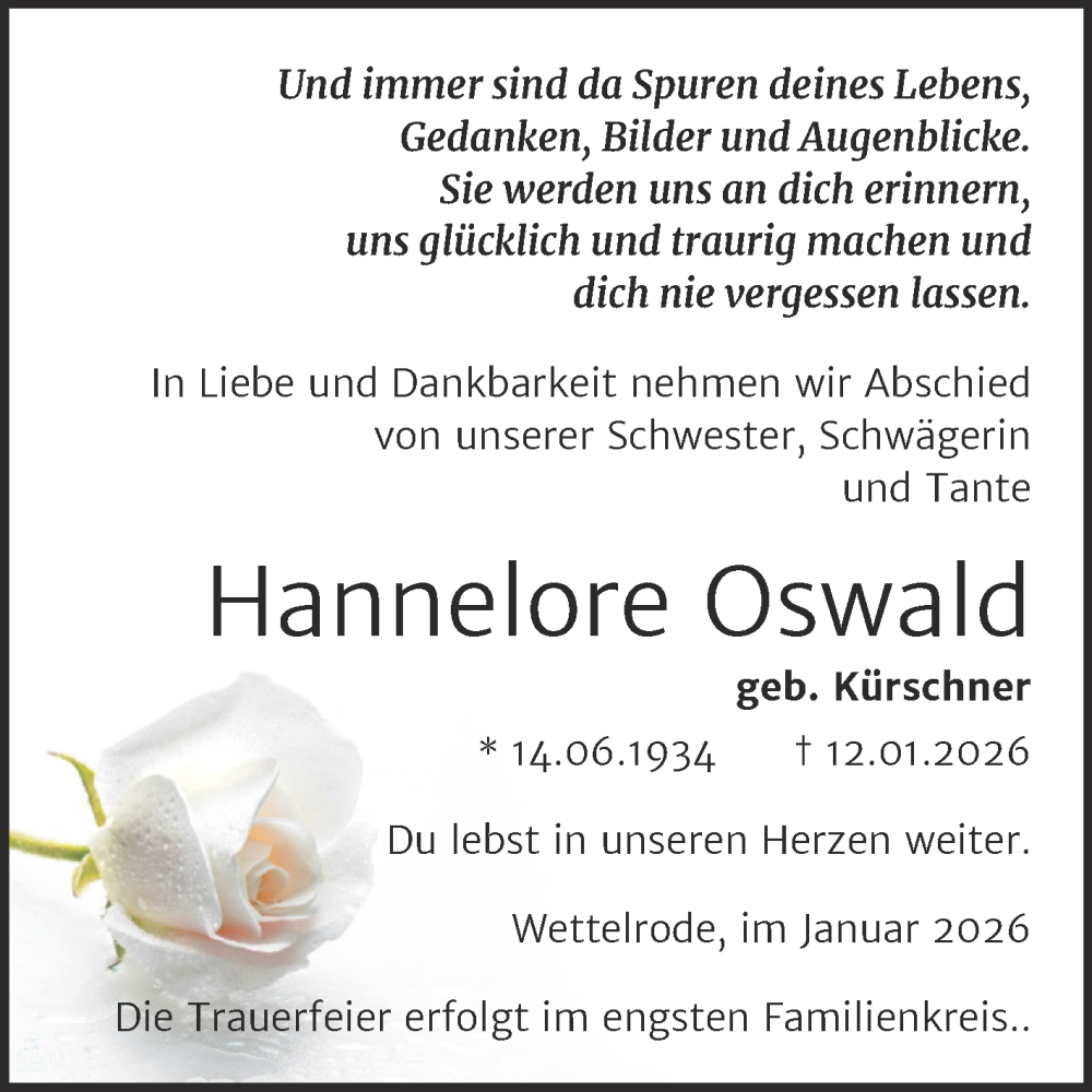  Traueranzeige für Hannelore Oswald vom 24.01.2026 aus Trauerkombi Sangerhausen