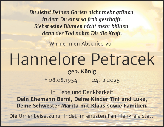 Traueranzeige von Hannelore Petracek von Trauerkombi Wittenberg