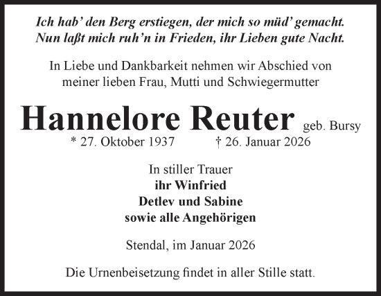Traueranzeige von Hannelore Reuter von Volksstimme Altmark Ost