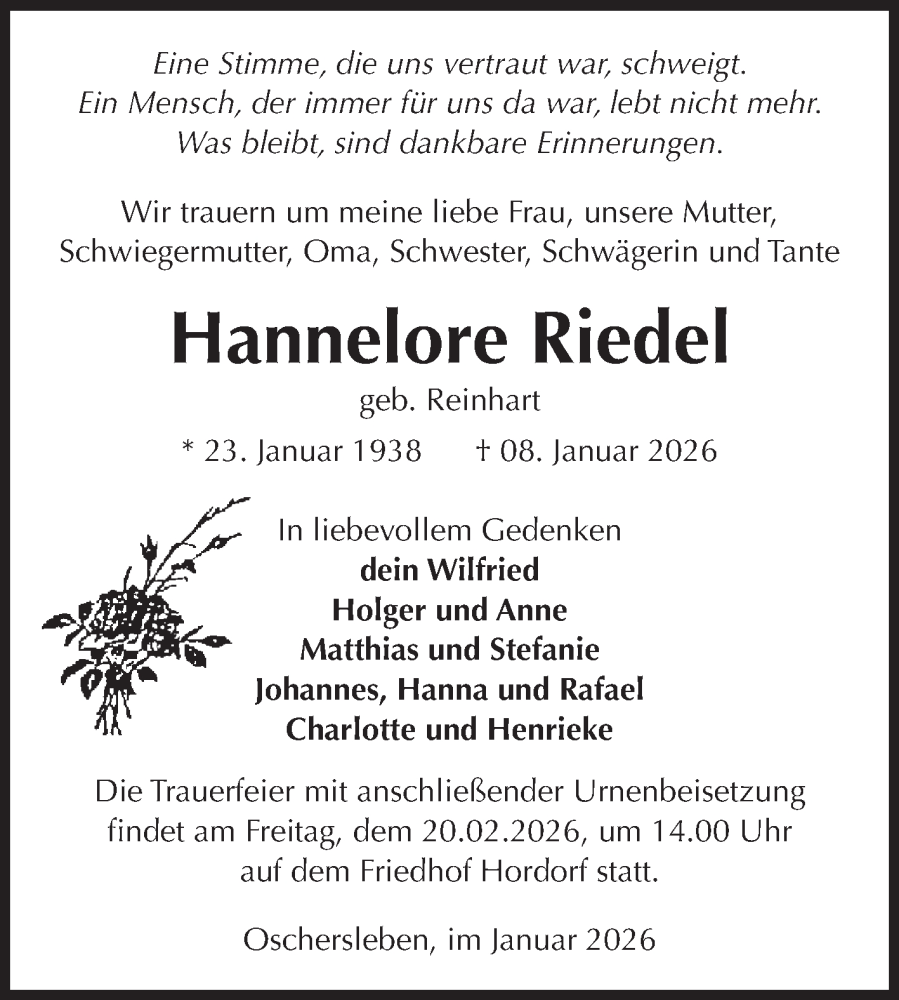  Traueranzeige für Hannelore Riedel vom 24.01.2026 aus Volksstimme Oschersleben/Wanzleben