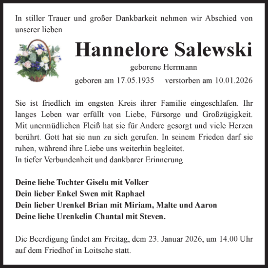 Traueranzeige von Hannelore Salewski von Volksstimme Haldensleben/Wolmirstedt