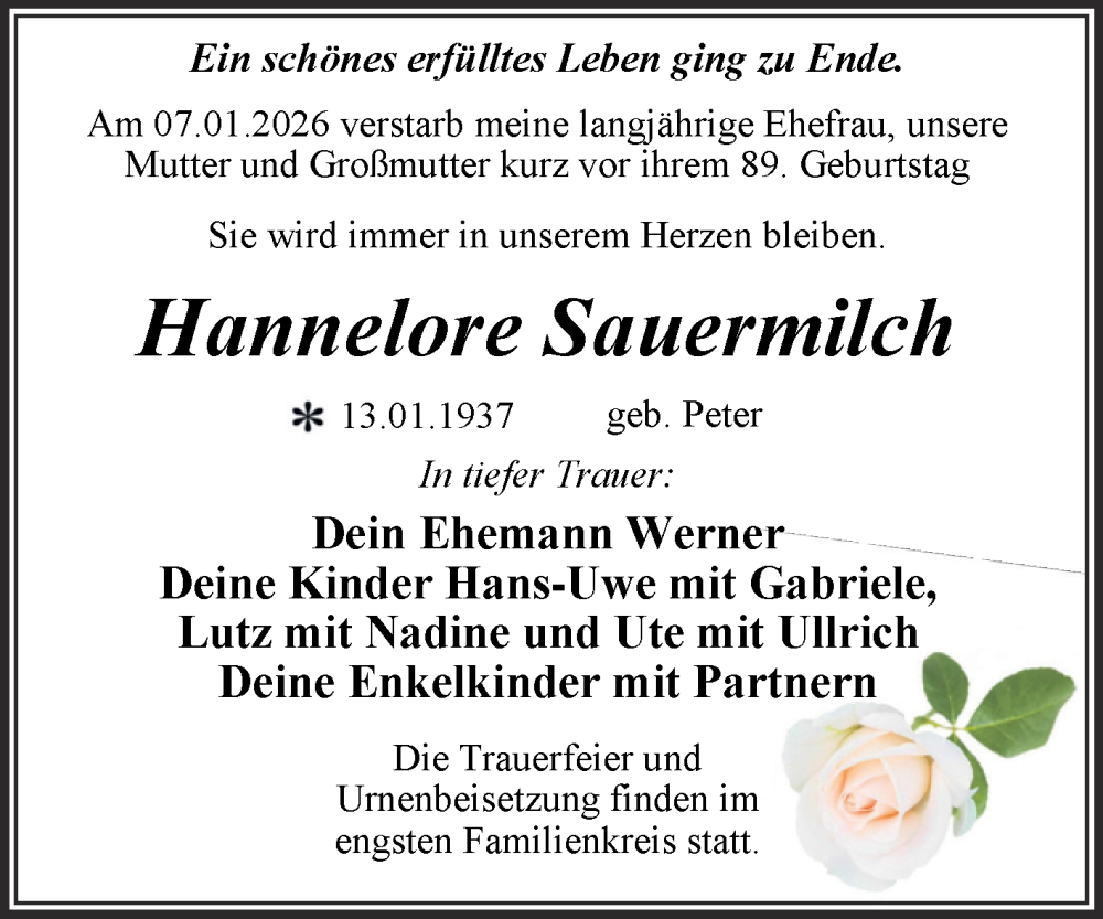  Traueranzeige für Hannelore Sauermilch vom 17.01.2026 aus Trauerkombi Dessau