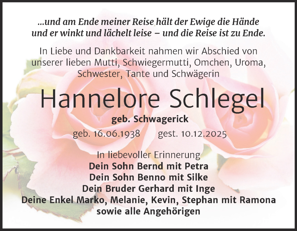  Traueranzeige für Hannelore Schlegel vom 10.01.2026 aus Trauerkombi Wittenberg