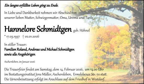 Traueranzeige von Hannelore Schmidtgen von Trauerkombi Aschersleben
