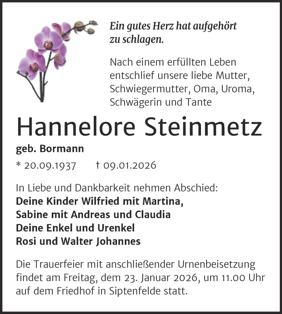 Traueranzeige für Hannelore Steinmetz vom 17.01.2026 aus Trauerkombi Quedlinburg