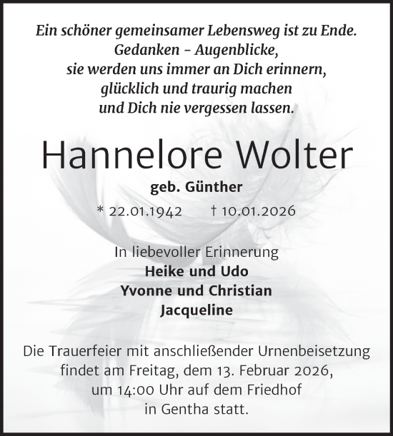 Traueranzeige von Hannelore Wolter von Trauerkombi Wittenberg