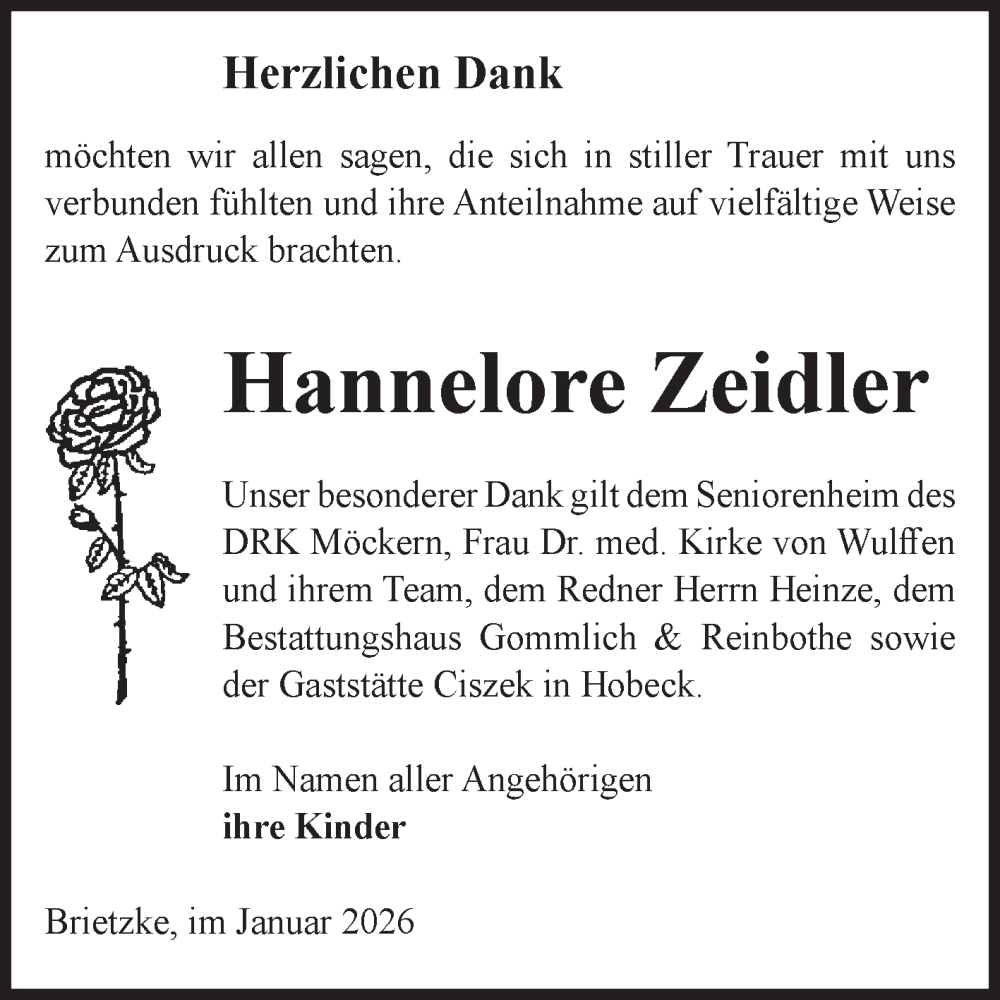  Traueranzeige für Hannelore Zeidler vom 24.01.2026 aus Volksstimme Burg/Genthin