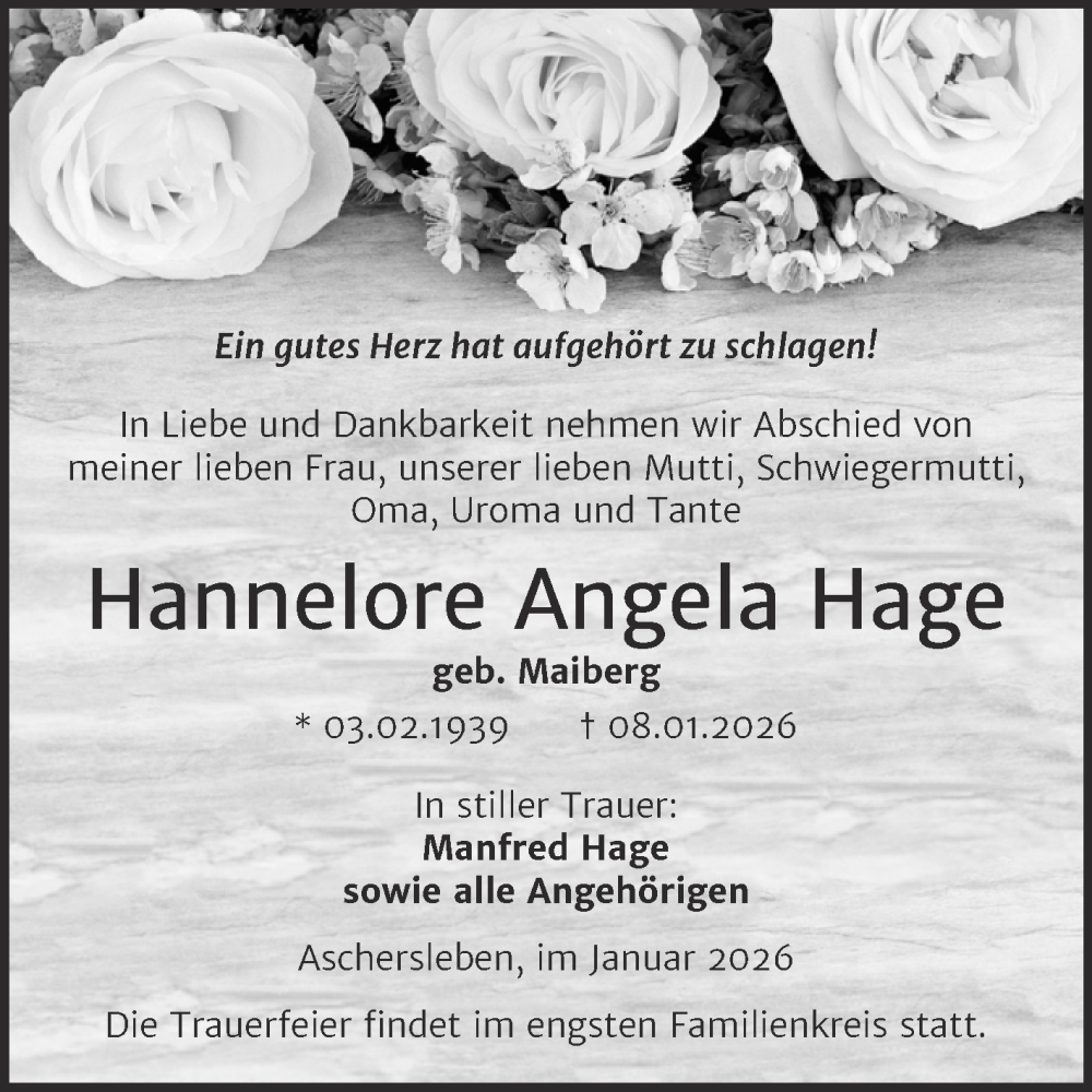  Traueranzeige für Hannelore Angela Hage vom 24.01.2026 aus Trauerkombi Aschersleben