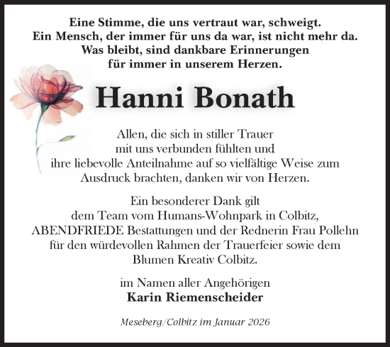 Traueranzeige von Hanni Bonath von Volksstimme Haldensleben/Wolmirstedt