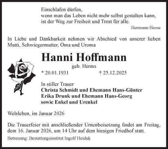 Traueranzeige von Hanni Hoffmann von Volksstimme Schönebeck