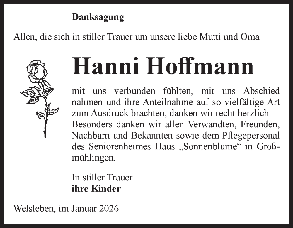 Traueranzeige für Hanni Hoffmann vom 31.01.2026 aus Volksstimme Schönebeck