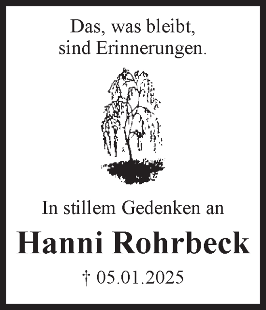 Traueranzeige von Hanni Rohrbeck von Volksstimme Oschersleben/Wanzleben