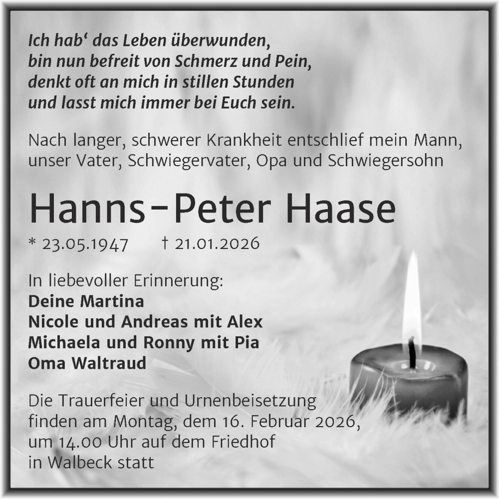  Traueranzeige für Hanns-Peter Haase vom 28.01.2026 aus Trauerkombi Mansfelder Land