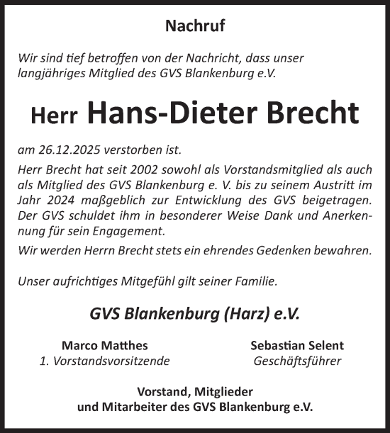 Traueranzeige von Hans-Dieter Brecht von Volksstimme Wernigerode