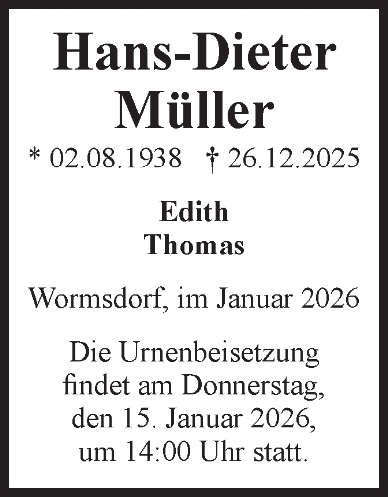  Traueranzeige für Hans-Dieter Müller vom 10.01.2026 aus Volksstimme Oschersleben/Wanzleben
