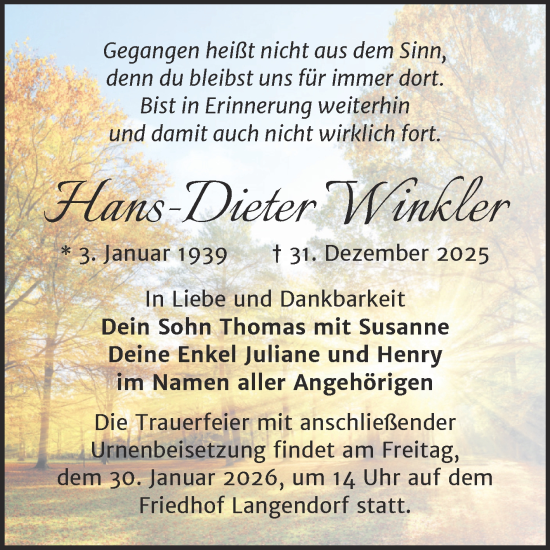 Traueranzeige von Hans-Dieter Winkler von Trauerkombi Weißenfels