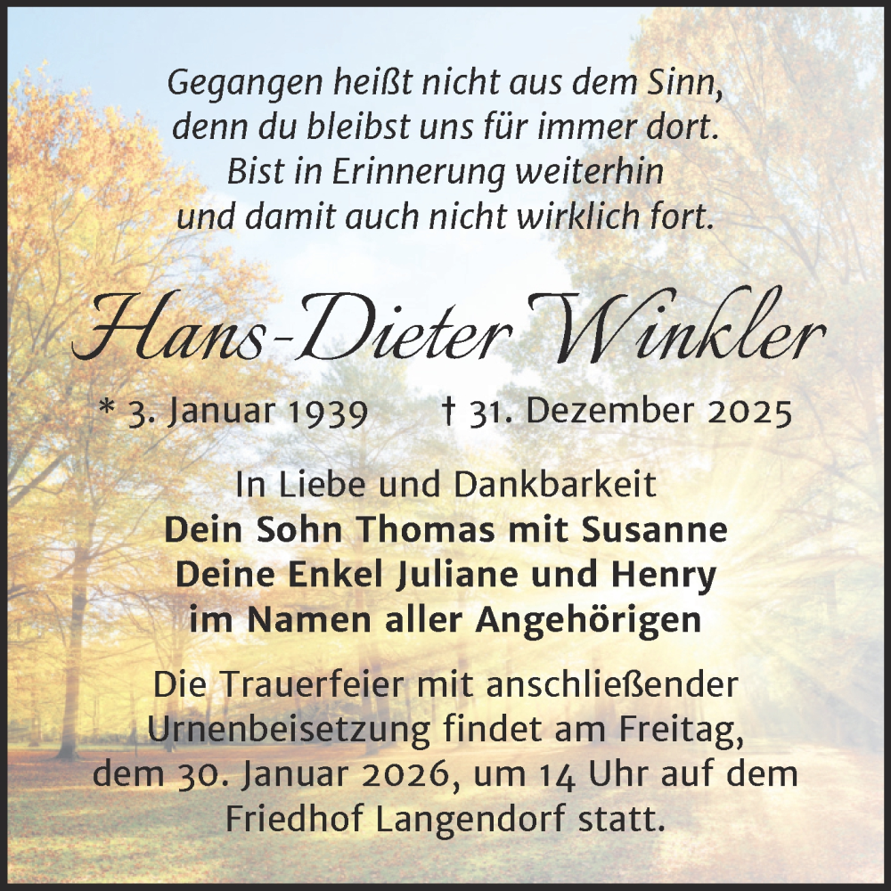  Traueranzeige für Hans-Dieter Winkler vom 24.01.2026 aus Trauerkombi Weißenfels