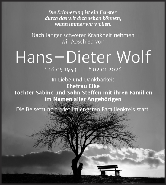 Traueranzeige von Hans-Dieter Wolf von Trauerkombi Zeitz