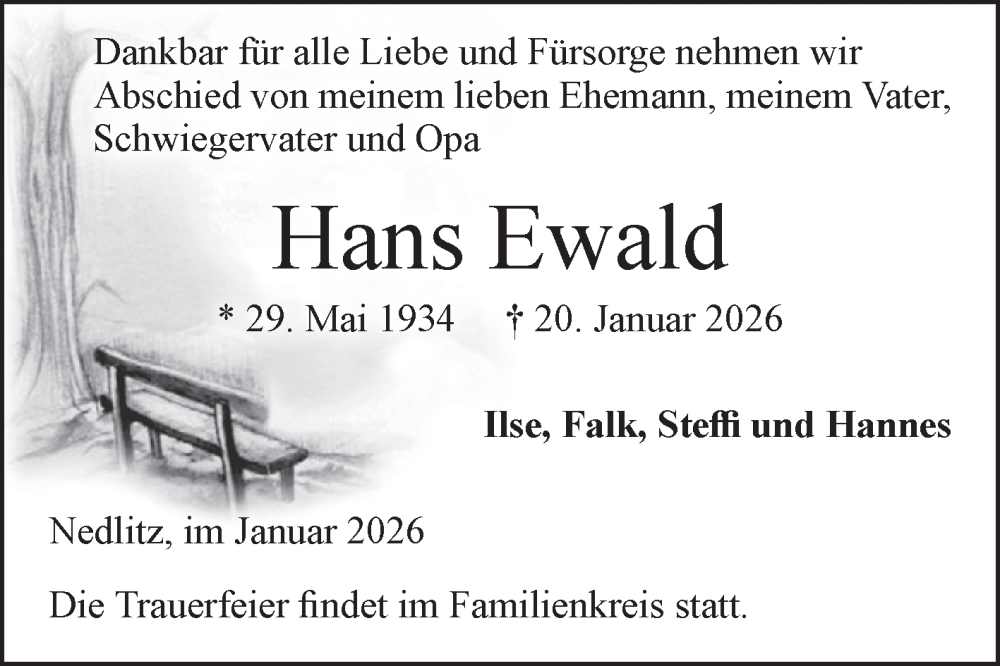  Traueranzeige für Hans Ewald vom 24.01.2026 aus Volksstimme Zerbst