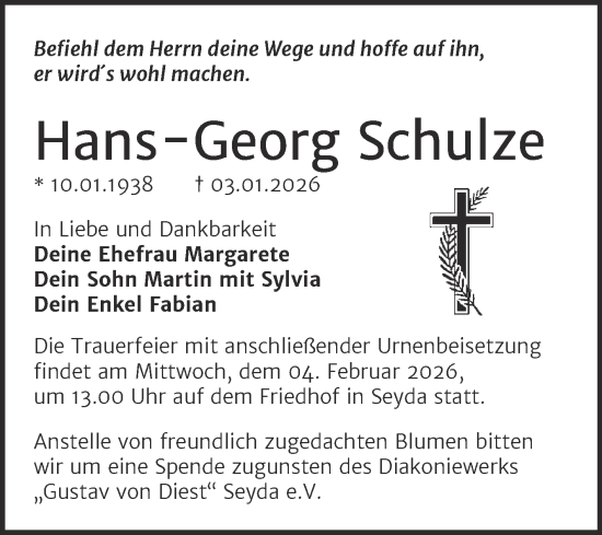 Traueranzeige von Hans-Georg Schulze von Trauerkombi Wittenberg