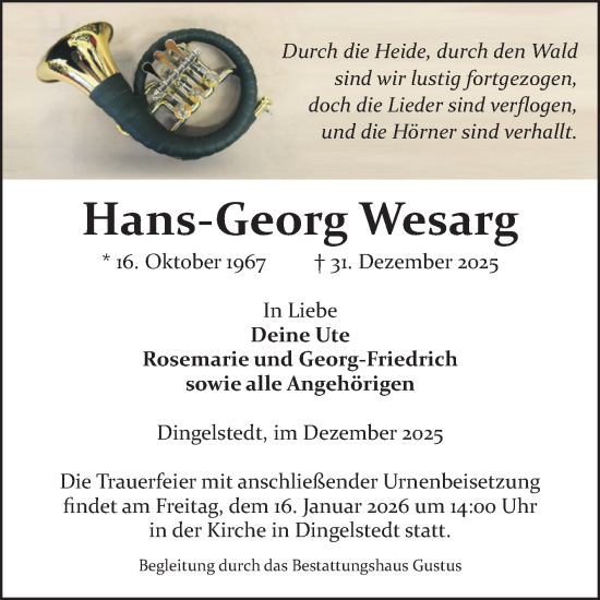 Traueranzeige von Hans-Georg Wesarg von Volksstimme Halberstadt