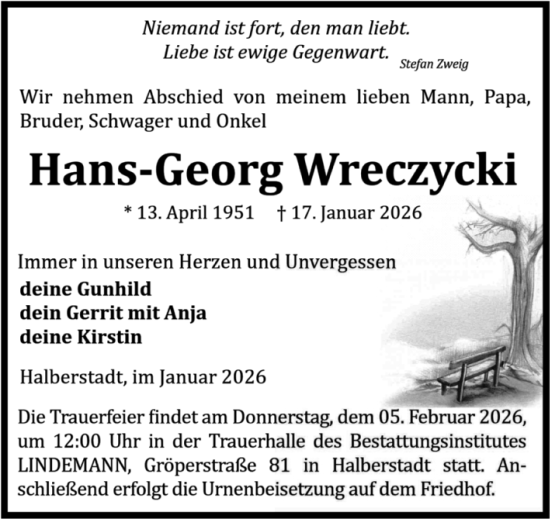 Traueranzeige von Hans-Georg Wreczycki von Volksstimme Halberstadt