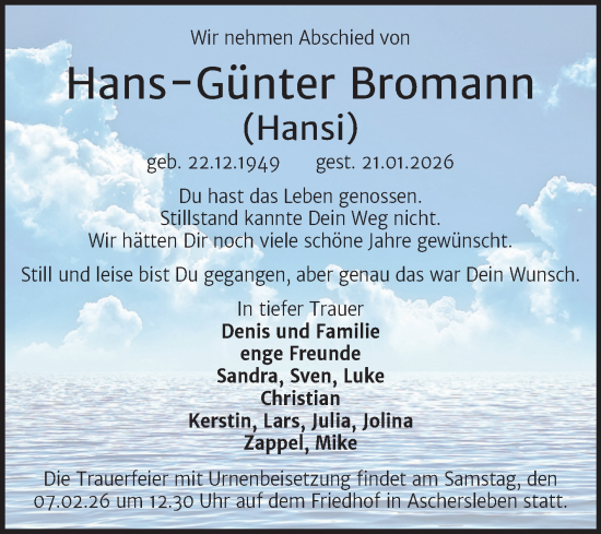 Traueranzeige von Hans-Günter Bromann von Mitteldeutsche Zeitung Aschersleben