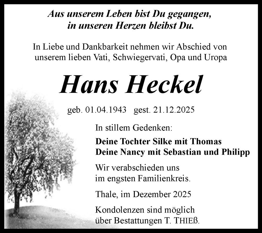  Traueranzeige für Hans Heckel vom 03.01.2026 aus Trauerkombi Quedlinburg