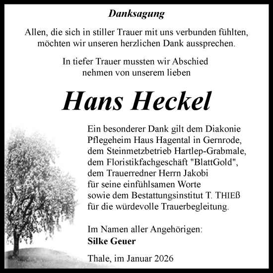 Traueranzeige von Hans Heckel von Trauerkombi Quedlinburg