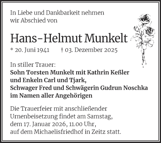Traueranzeige von Hans-Helmut Munkelt von Trauerkombi Zeitz