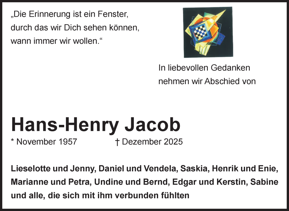  Traueranzeige für Hans-Henry Jacob vom 10.01.2026 aus Volksstimme Magdeburg