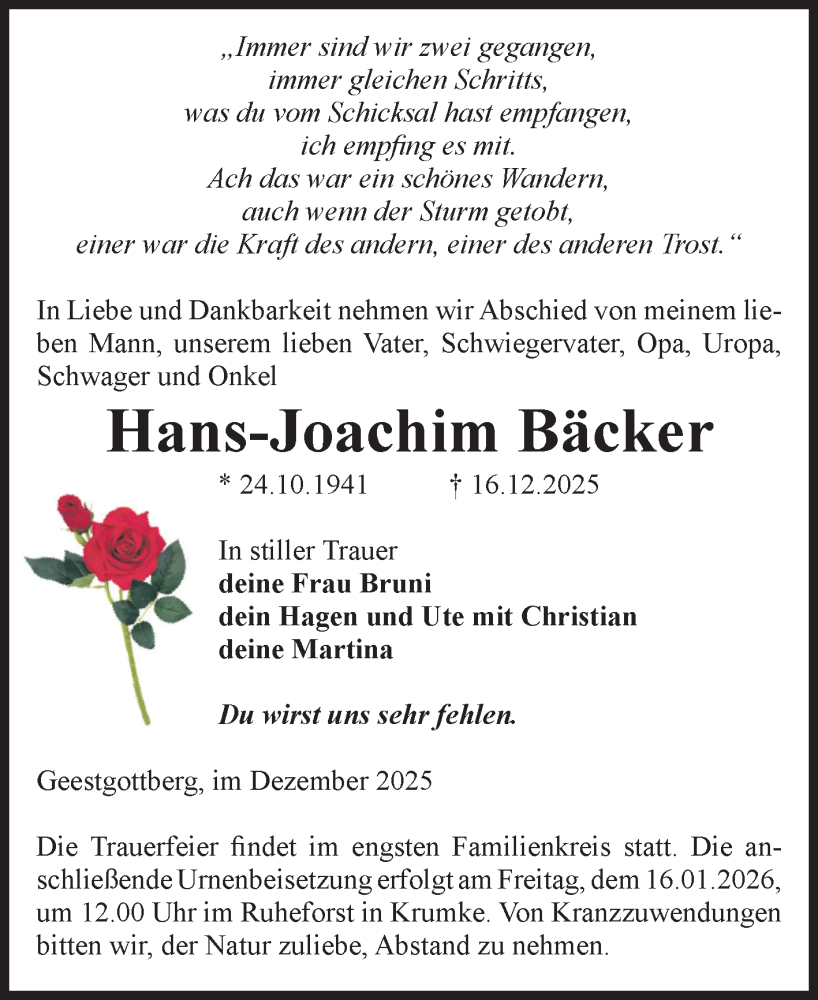  Traueranzeige für Hans-Joachim Bäcker vom 10.01.2026 aus Volksstimme Altmark Ost