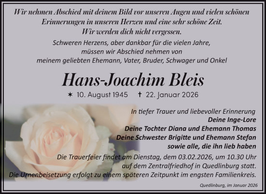 Traueranzeige von Hans-Joachim Bleis von Trauerkombi Quedlinburg