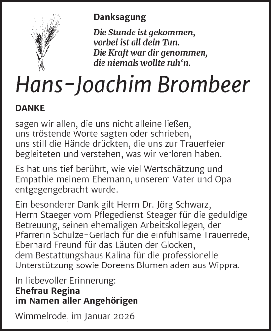 Traueranzeige von Hans-Joachim Brombeer von Trauerkombi Mansfelder Land