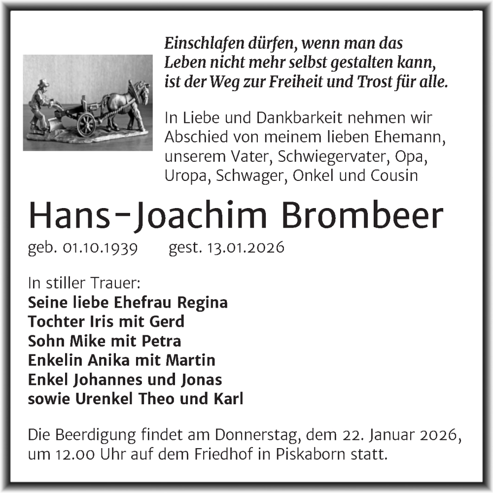  Traueranzeige für Hans-Joachim Brombeer vom 17.01.2026 aus Trauerkombi Mansfelder Land
