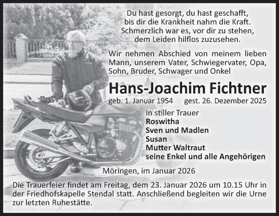 Traueranzeige von Hans-Joachim Fichtner von Volksstimme Altmark Ost
