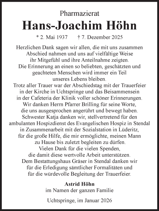 Traueranzeige von Hans-Joachim Höhn von Volksstimme Altmark Ost