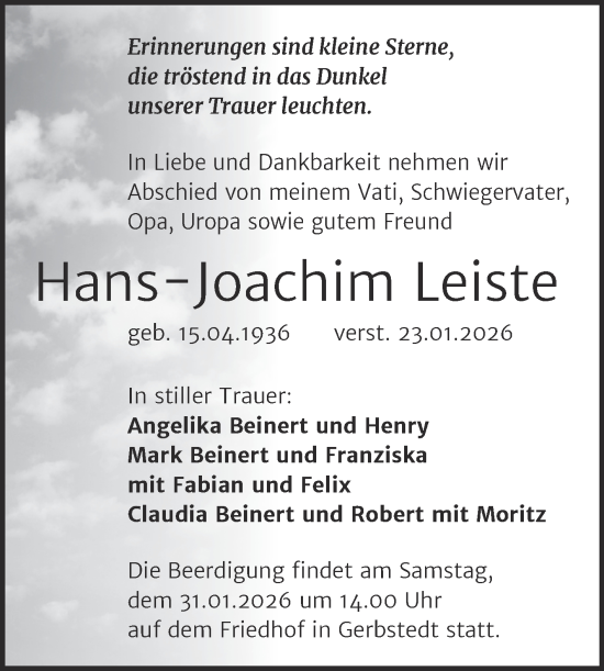 Traueranzeige von Hans-Joachim Leiste von Trauerkombi Mansfelder Land