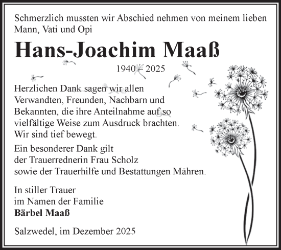 Traueranzeige von Hans-Joachim Maaß von Volksstimme Altmark West