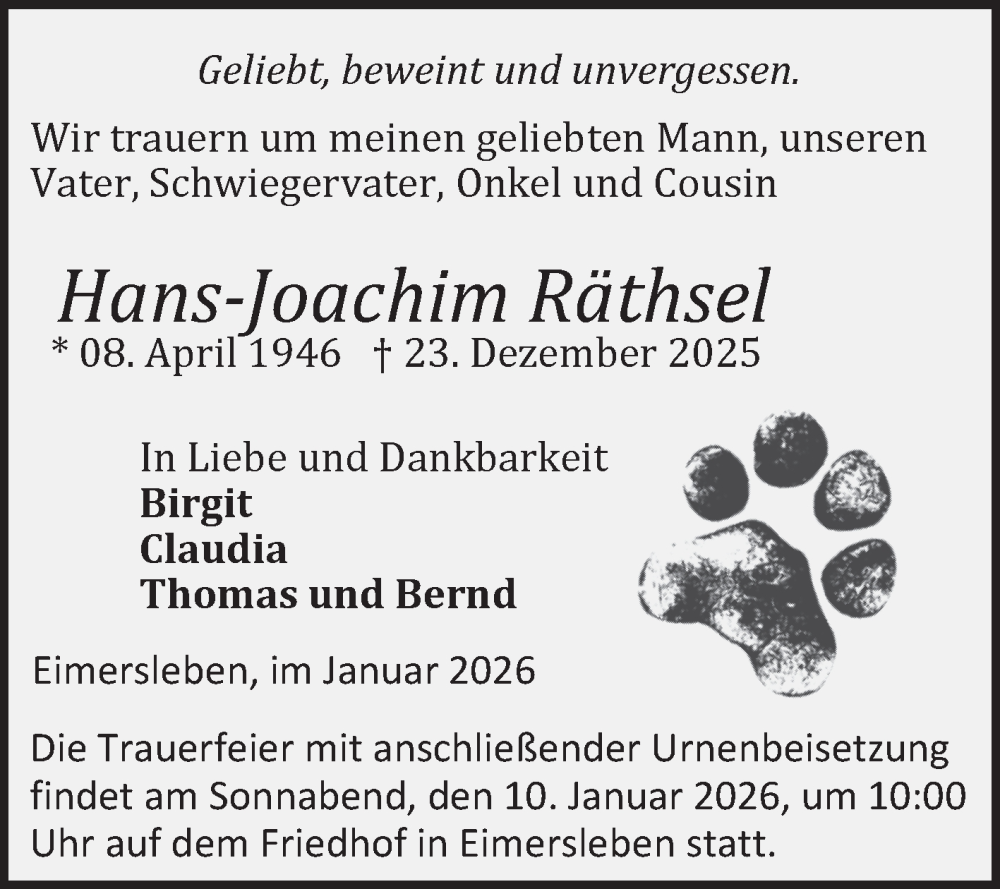  Traueranzeige für Hans-Joachim Räthsel vom 07.01.2026 aus Volksstimme Haldensleben/Wolmirstedt