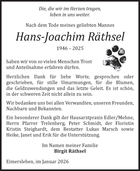 Traueranzeige von Hans-Joachim Räthsel von Volksstimme Haldensleben/Wolmirstedt