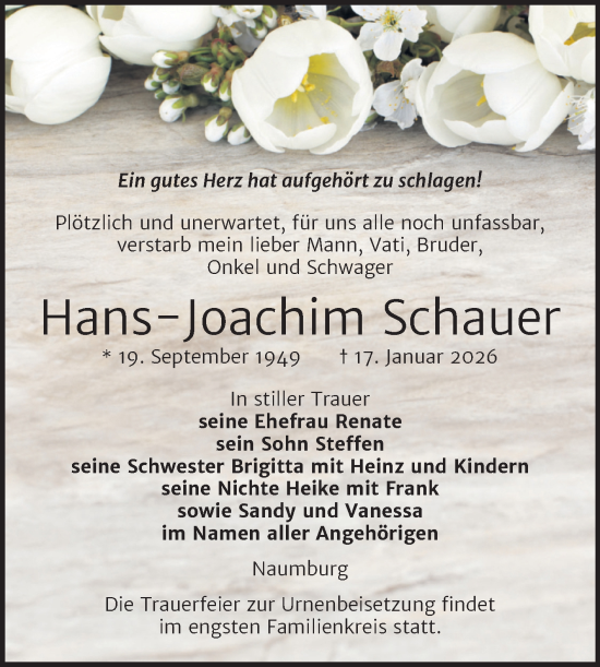 Traueranzeige von Hans-Joachim Schauer von Super Sonntag Naumburg/Nebra