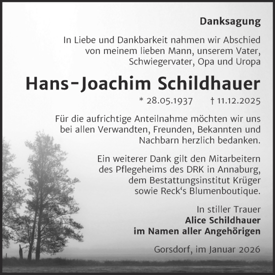 Traueranzeige von Hans-Joachim Schildhauer von Trauerkombi Wittenberg