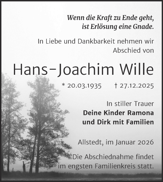 Traueranzeige von Hans-Joachim Wille von Trauerkombi Sangerhausen