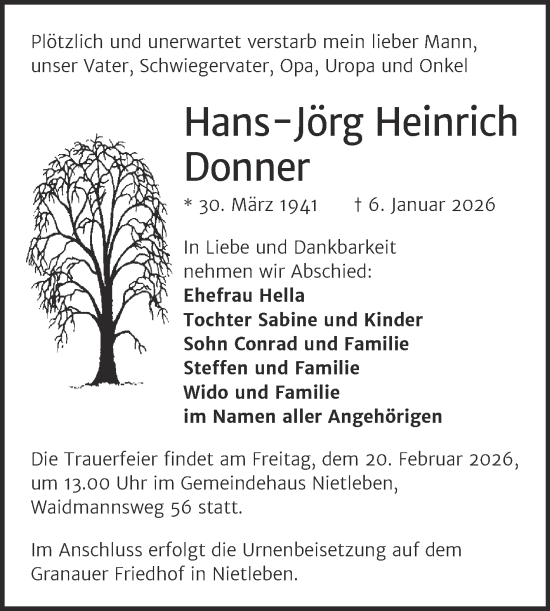 Traueranzeige von Hans-Jörg Heinrich Donner von Mitteldeutsche Zeitung Halle/Saalkreis