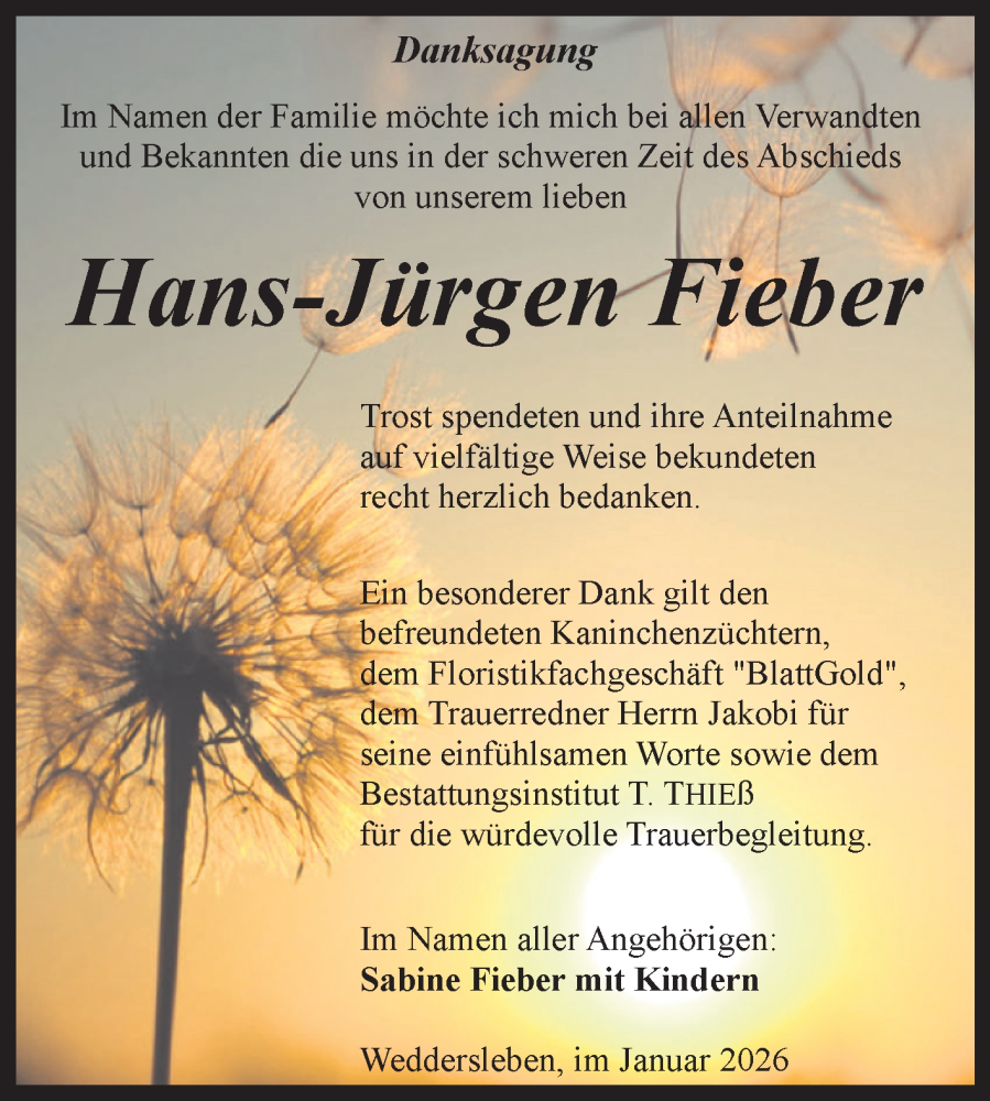  Traueranzeige für Hans-Jürgen Fieber vom 24.01.2026 aus Trauerkombi Quedlinburg