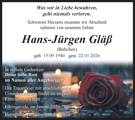 Traueranzeige von Hans-Jürgen Gläß von Volksstimme Wernigerode